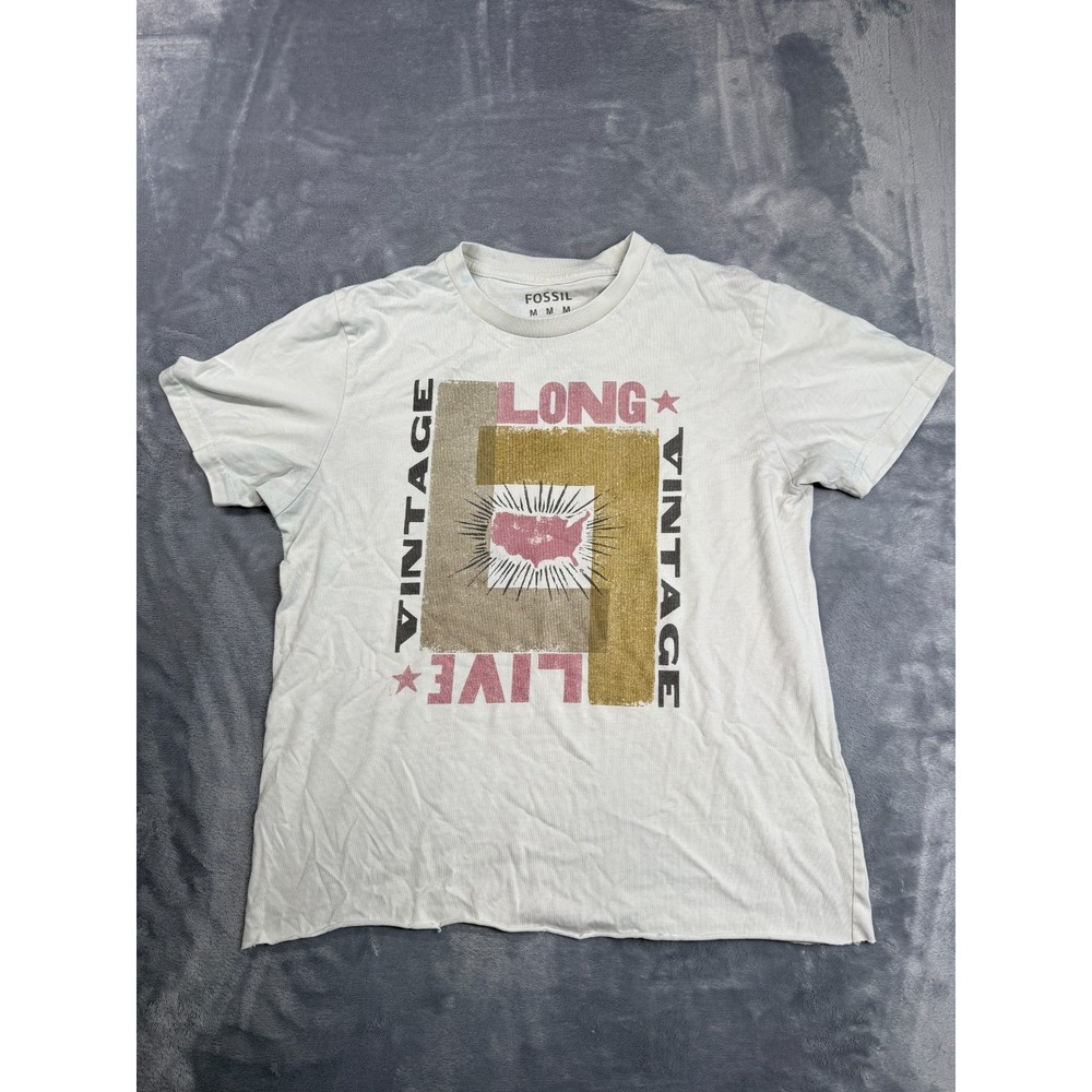 Fossil Long Live Vintage Graphic T Shirt Mens Medium Beige Cropped Short Sleeve